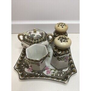 Nippon Floral Salt Pepper Shaker Toothpick Holder Tray Condiment Set Vtg